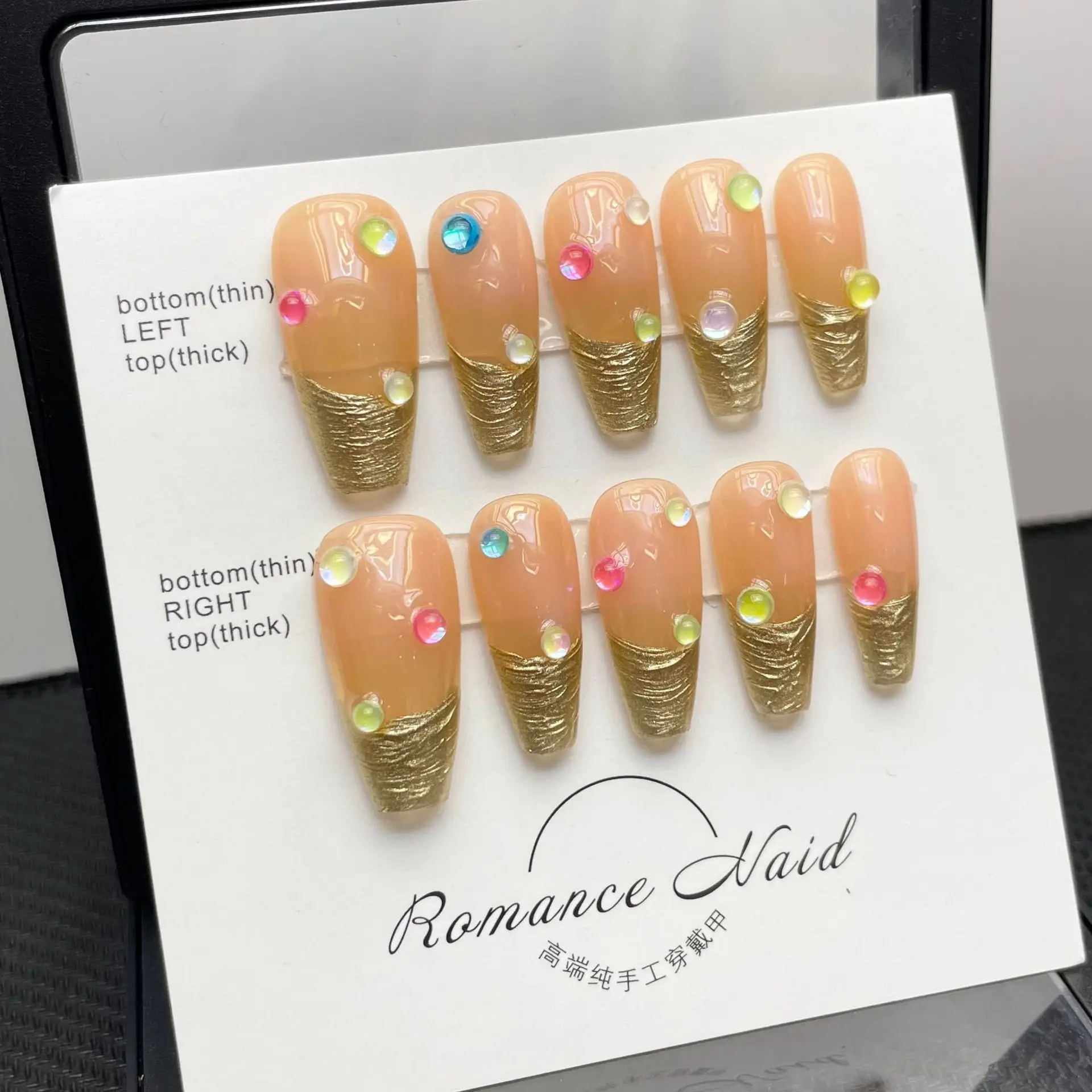 

391-400 Number Phnom Penh Handmade French Fake Nails Professional Wearable Advanced Ballet Press On Nails With Rhinestones