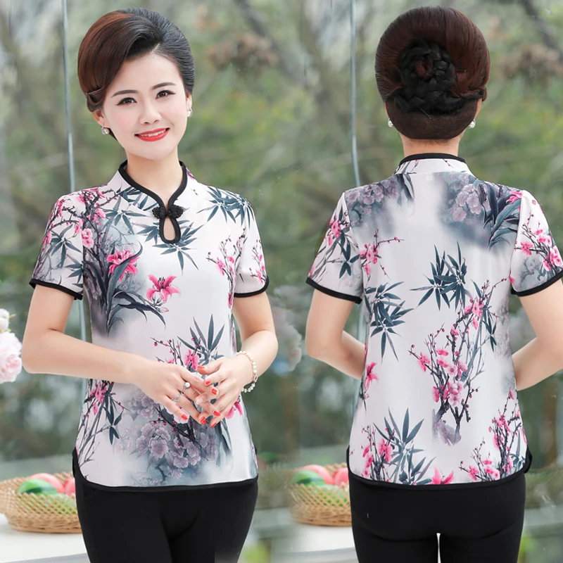 Retro Chinese Women Blouse Traditional Vintage Oblique Shirt Summer Satin Oriental Woman Tops Mandarin Collar Cheongsam