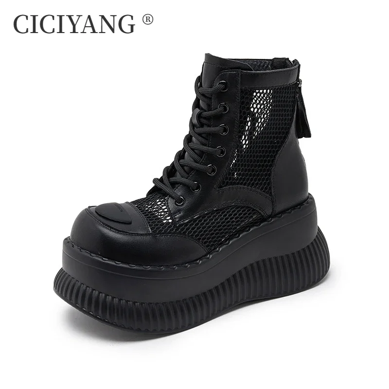 CICIYANG Women Summer Boots Spring 2024 New Mesh Women Ankle Boots Chunky Platform Women's Cool Boots Ladies High-top Sandals