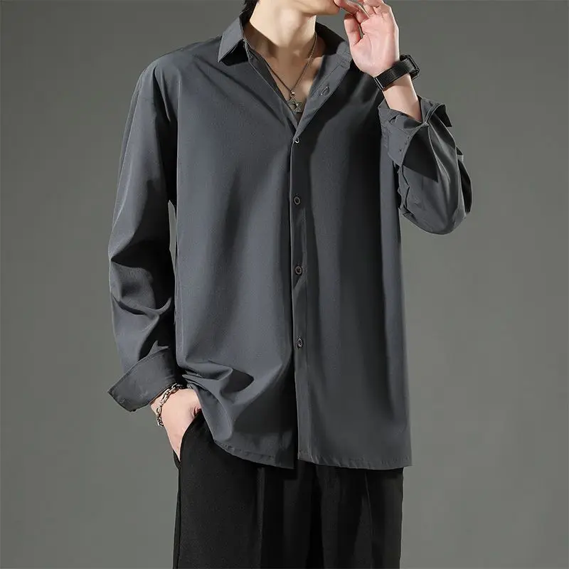 Men's Solid Color Long Sleeved Shirt Spring Summer Business Leisure No Ironing Hanging Feeling Fashionable Elastic Top