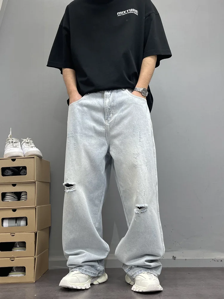 

Мужские свободные джинсы прямого кроя в американском уличном стиле, синие, с дырками, в стиле хип-хоп, повседневные брюки для молодых мужчин