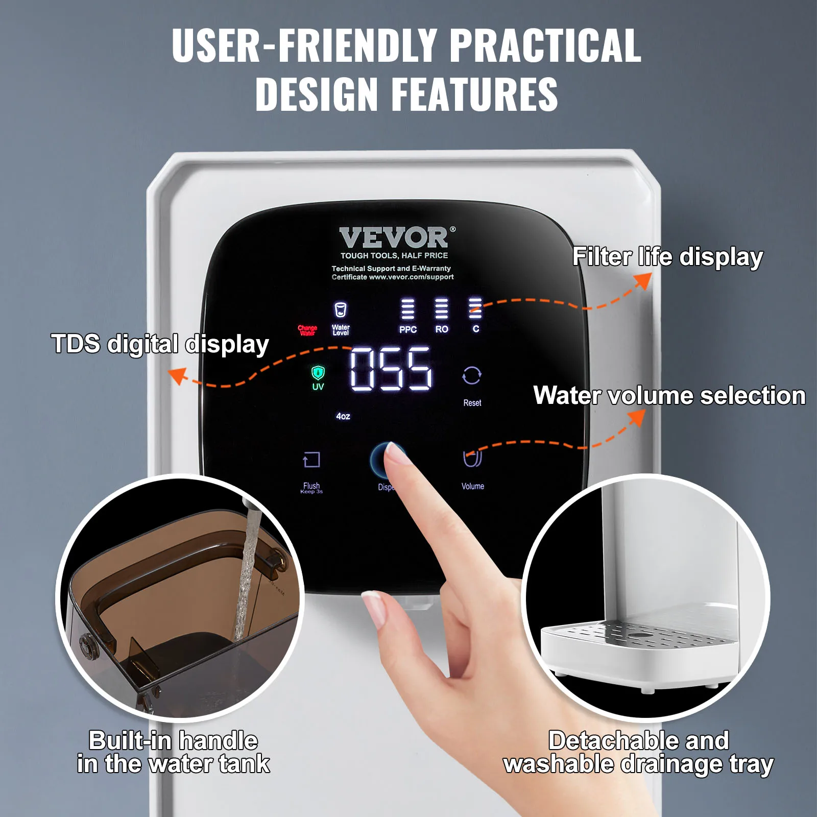 VEVOR UV 조리대 역삼투 물 여과 정화 시스템, 5 단계 RO 워터 필터, 2:1 순수 배수, 병 없음