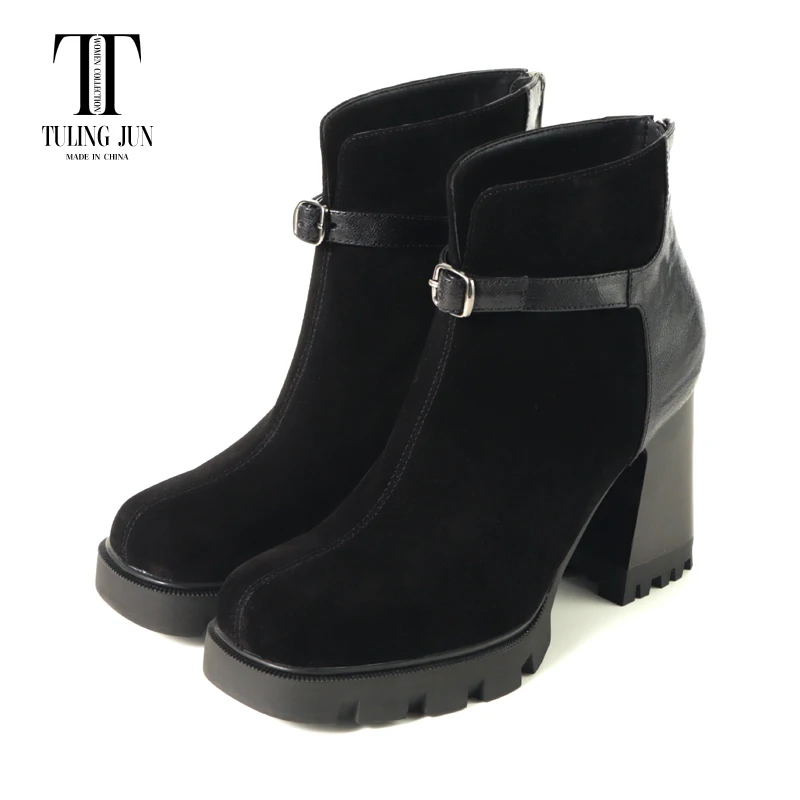 TULING JUN Winter 2024 Concise Famale Square Toe Solid Color Ankle Boots Super High Heels Elegant Shoes For Woman T-827