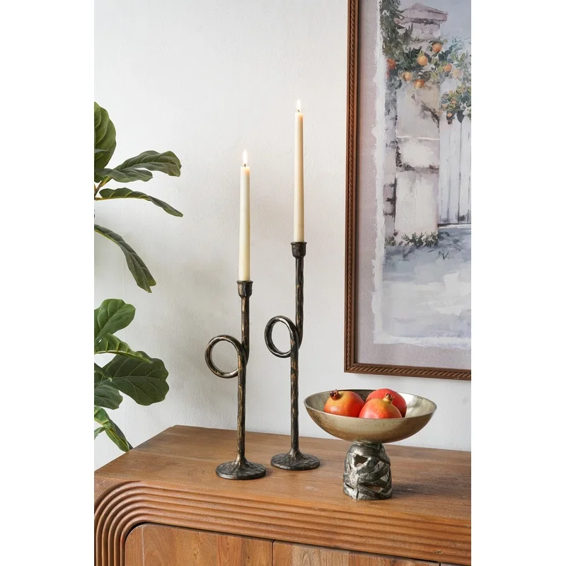 

Black Gold Iron Candle Holders with Loop Design, 5x4x15/18 Inch