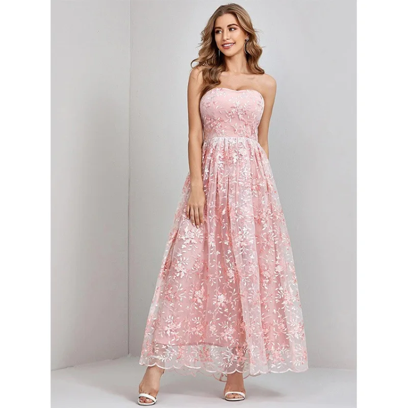 

2025European and American New Style Waist-Cinching Retro Embroidered Pink Elegant Lace Slimming Strap Dress