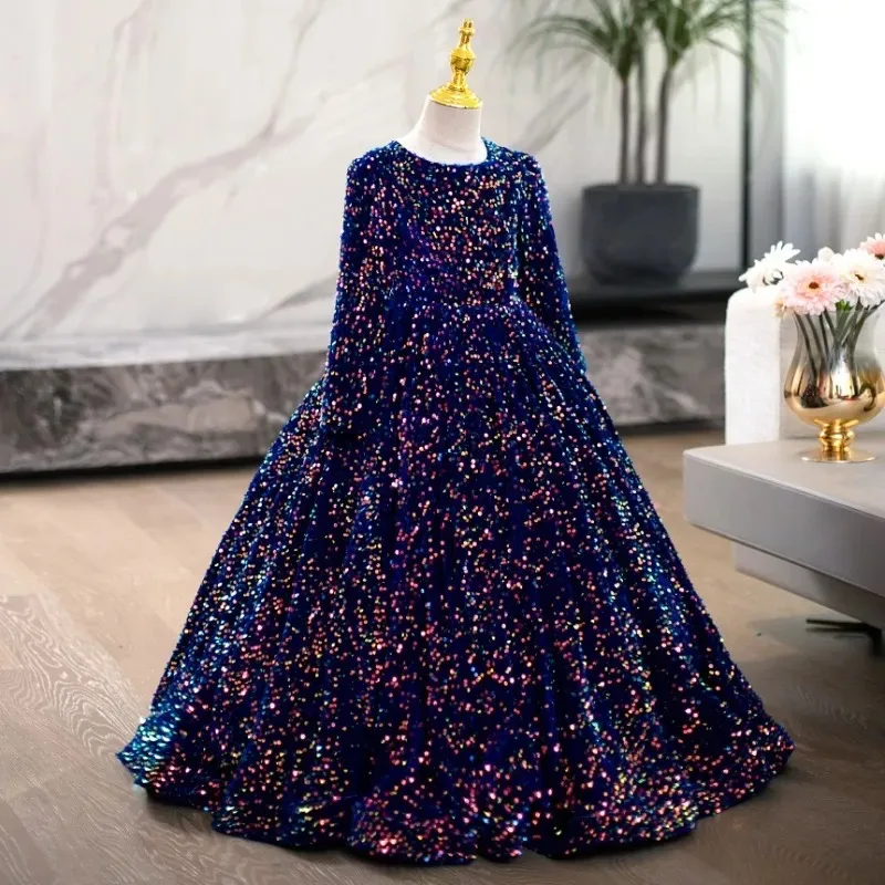 Shining Flower Girl Dresses for Wedding Sequins Full Length Floor Length Girl Kids Birthday Party First Holy Communion Gown
