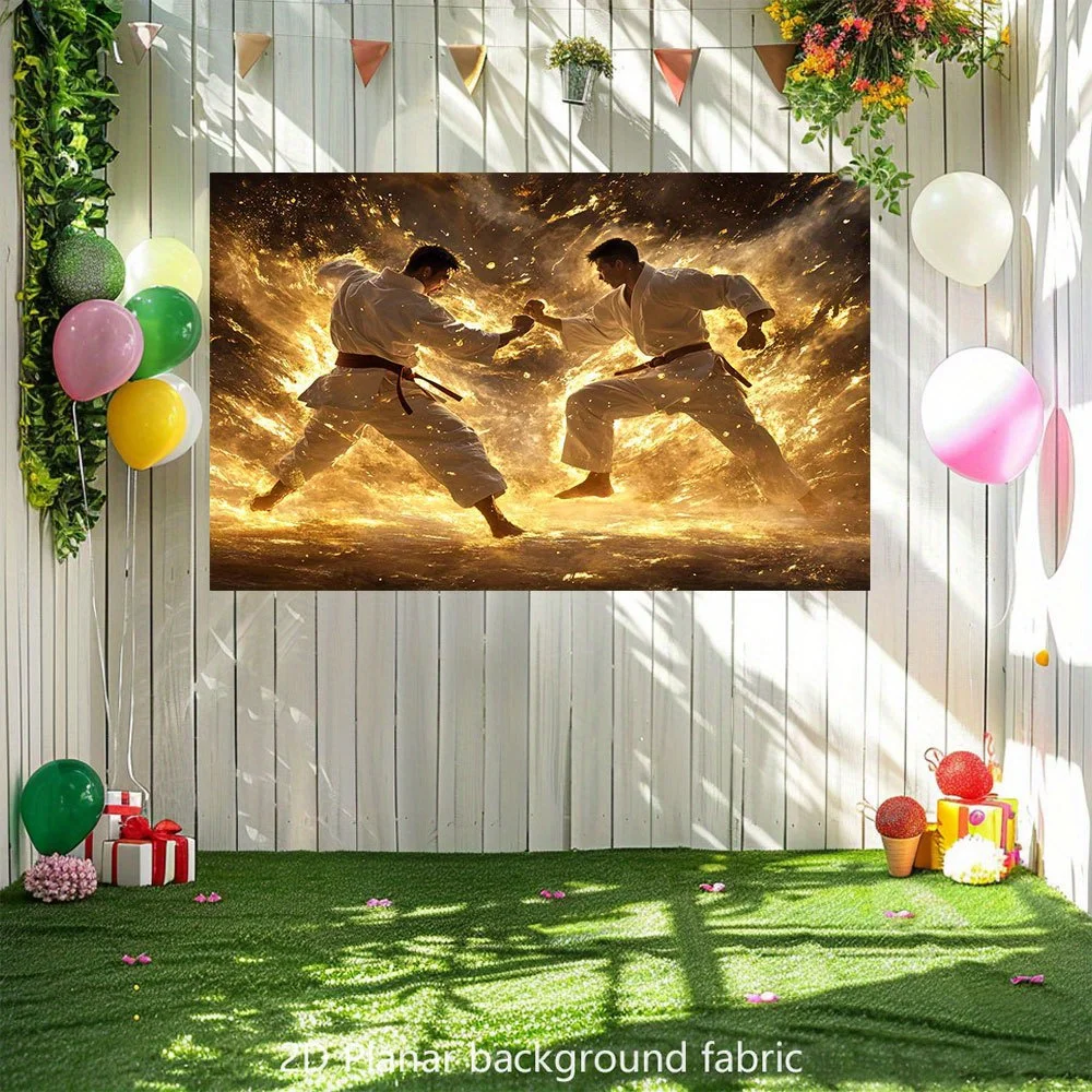 Karate Showdown Mid-Air Tapestry - Swirling Ink Shockwave & Golden Rim Lighting Design