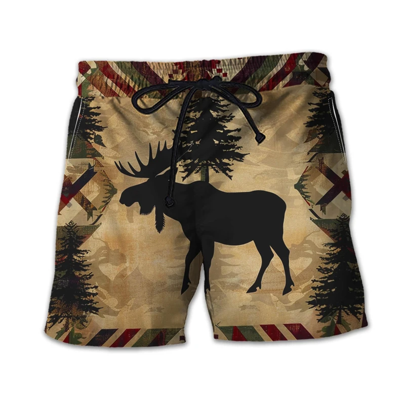 Vintage Moose Graphic Beach Shorts For Men Summer Fashion 3D Animals Printed Swim Trunks Casual Oversized Vacation Board Short