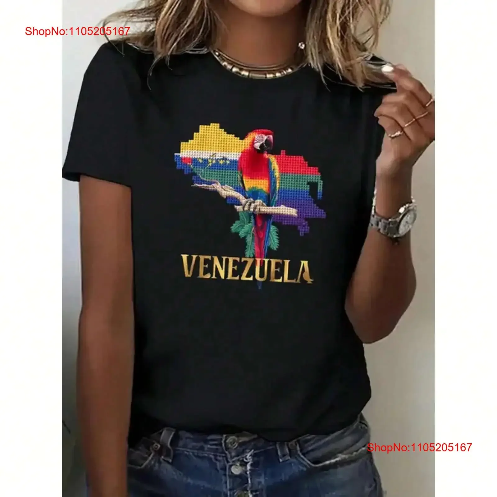 

South American parrot print women's T shirt comfortable round neck top vintage Washed Breathable Slightly fashion