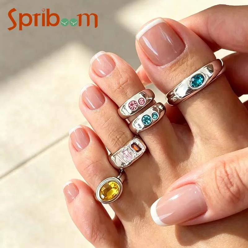 5Pcs/set Colorful Crystal Open Toe Rings Adjustable Square Oval Stackable Foot Ring Set Zinc Alloy Glass Rhinestone Jewelry