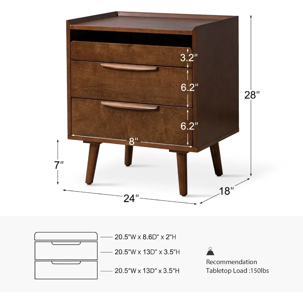 2 Drawer Nightstand with Charging Station, Mid-Century Modern Bedside Tables with Wood Legs, Wood Night Stand with Pull-Out She