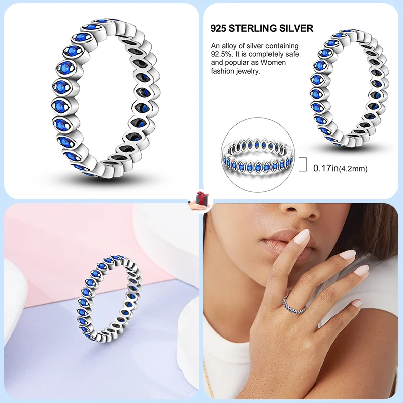 Anillo de Plata de Ley 925 para mujer, sortija con forma de estrella y ojo de copo de nieve azul, circonita brillante, joyería conmemorativa para fiesta de compromiso y boda