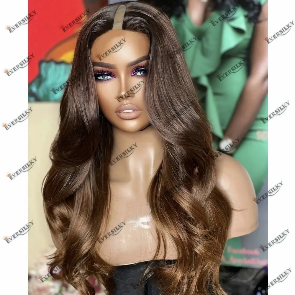 Brown Ombre Honey Brown 100%Brazilian Human Hair Wig U Part Wig Natural Wave Baby Hair V Part Wig Human Hair Preplucked Glueless