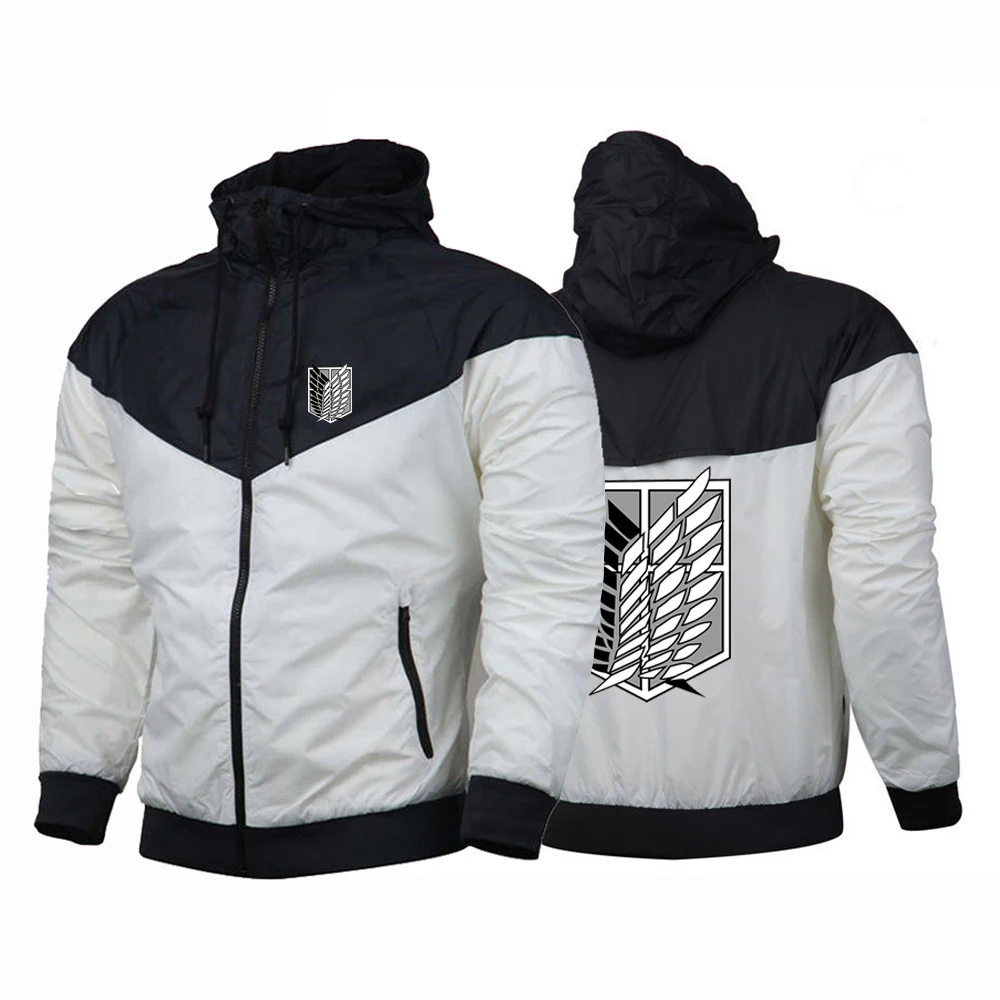 2023 Spring Autumn New Attack On Titan Logo Print Casual Zipper Cardigan Hooded Jacket Man's Solid Color Splice Thin Windbreaker