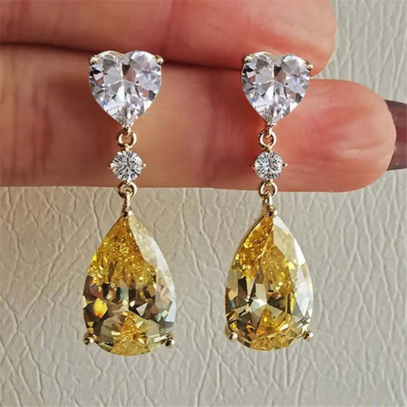 925 فضة الأصفر الكمثرى زركون إسقاط أقراط فاخرة موضة النساء الأذن اكسسوارات للخطوبة مجوهرات الزفاف