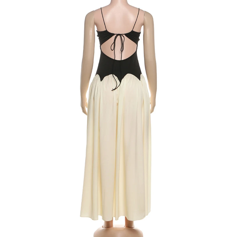 Ticketsx Retro V-neck Lace Up Contrast Color Sling Dress Autumn Sexy Ruched Backless Patchwork Slim Dress Luxury Evening Dress