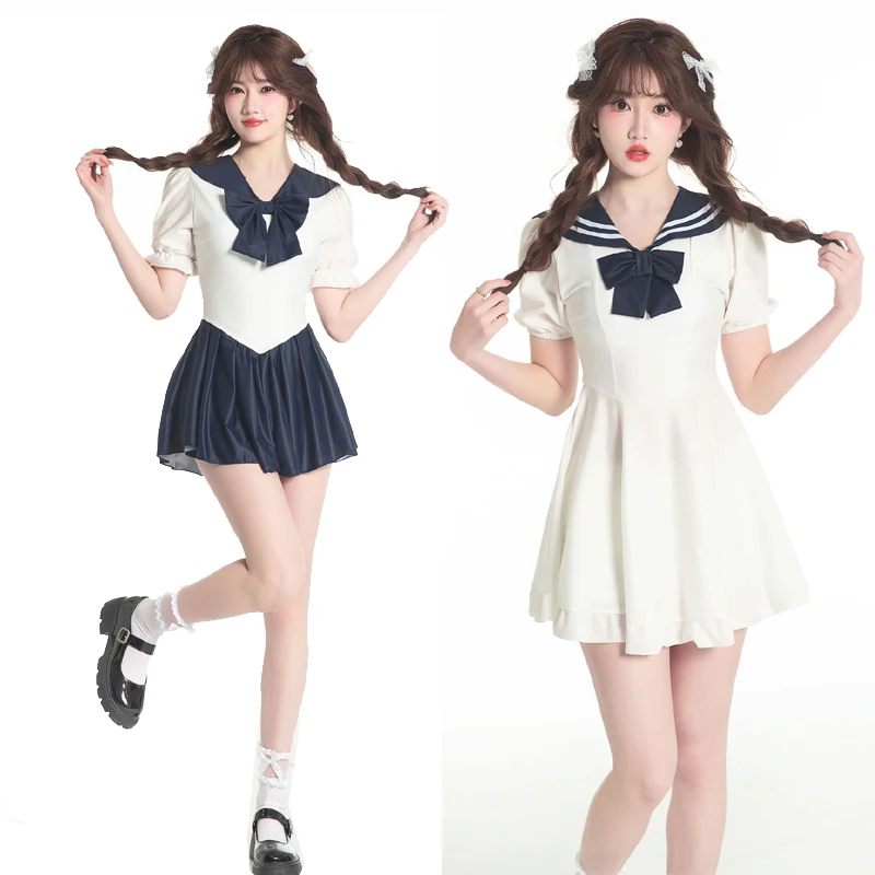 Lolita School Girls Bowknot Puff Sleeve Sailor Dress Swimsuit Japanese Sukumizu Cosplay Swimwear Bathing Suit Dropship