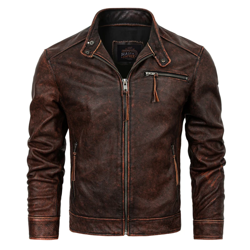 

Faionable Vintage Top Layer Cowhide Leather Jaet Men's Motorcycle Jaet ort Sle Zipper Closure Casual Outerwear