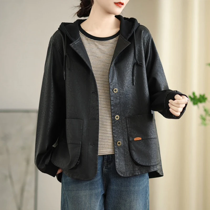 Masss Wasss coreano otoño mujer suelta con capucha ocio moda chaquetas de cuero de imitación mujeres clásico PU abrigos Vintage cortavientos