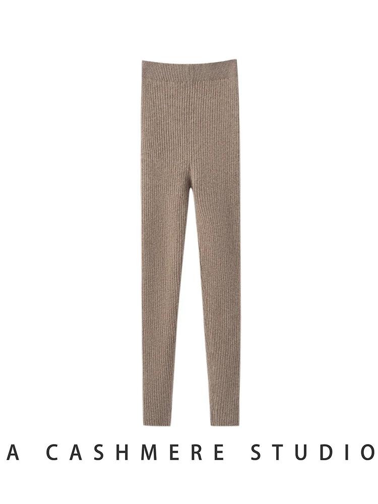 100% Cashmere Women Bottom Leggings elasticity Slim Strip Pants Autumn Winter Basic Leggings Soft Warm Cashmere Knit Trousers