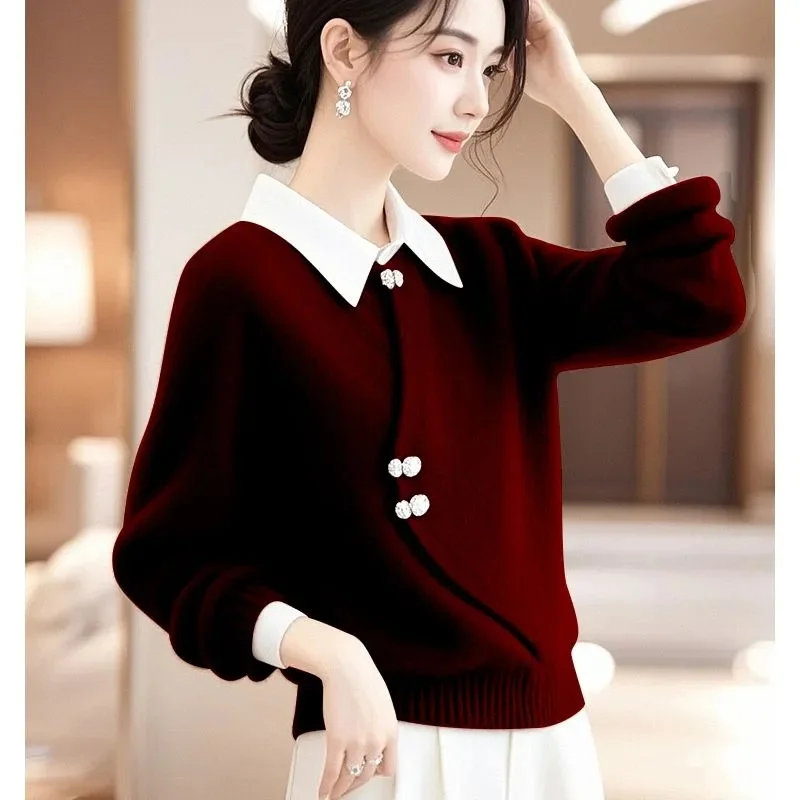 

New 2025 Autumn Korean Fashion Temperament Knitted Sweater Women Pullover Long-sleeved Fake Two-piece Sweater Knitted Ladies