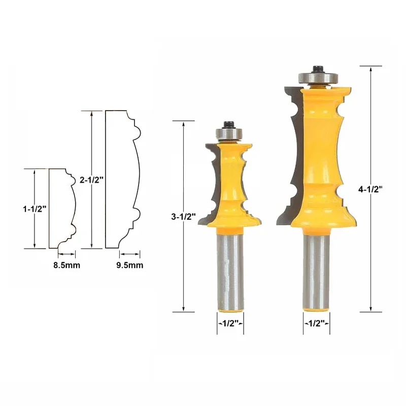 

2 PCS 12mm 1/2" Shank Mitered Door Drawer Molding Router Bits Handrail Line Knife Tenon Cutter for Woodworking Tools