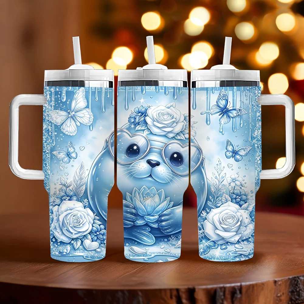 40Oz Insulated Tumbler with Handle, Printed with Lovely Blue Rabbit Butterfly And Rose, Features Long-Lasting Temperature Retention, It Is an Ideal Holiday Birthday Gift for Daily Use And Outdoor Activities