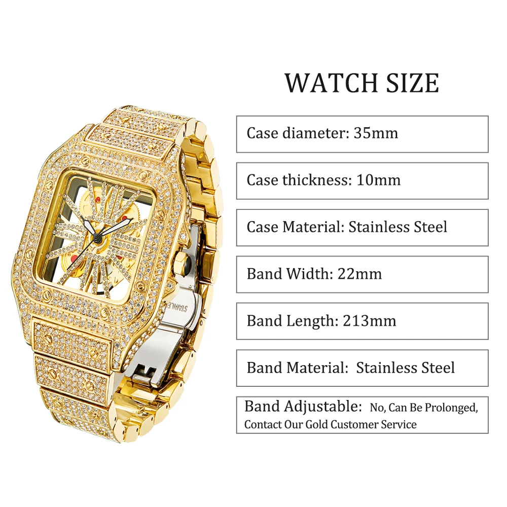 Square Full Diamond Watches For Men Luxury Fashion Ice Out Bling Skeleton Clock Hip Hop Shiny Silver Waterproof Watch Hot Sale