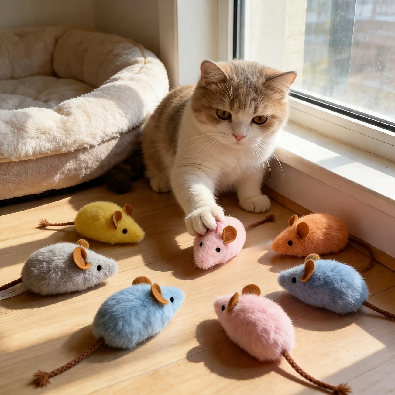 5Pcs Long Tail Squeaky Plush Mouse Cat Toys, Random Color Fishbone Chew Toy, Durable Teeth Cleaning Interactive Kitten Companion