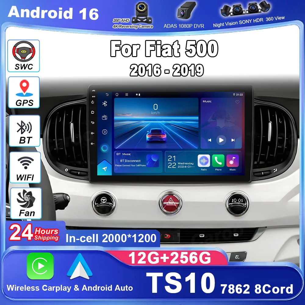 

Android 16 For Fiat 500 2016-2019 Car Head Unit Multimedia Video Player GPS Navigation Radio Stereo Wireless Carplay WIFI No Din