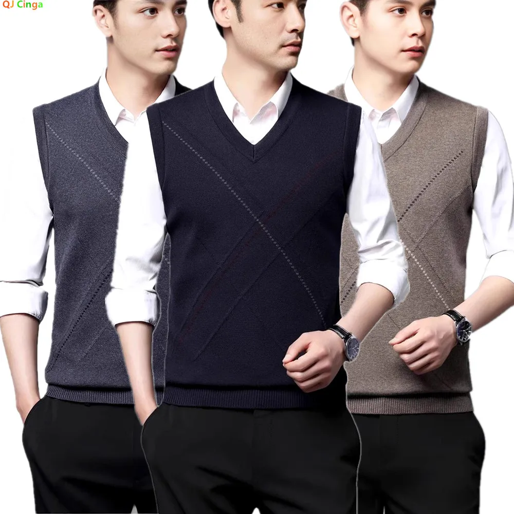 Spring New Arrival Men's Dark Blue Sleeveless Vest Jacket, Gray V-Neck Knit Pullover Sweater, Business Casual Gray Top. 2026