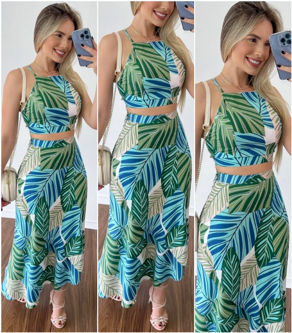 Conjunto feminino sem mangas com ombro de fora e saia longa, estampa sexy, regata curta, roupas de verão, roupa de praia Y2k 2 peças