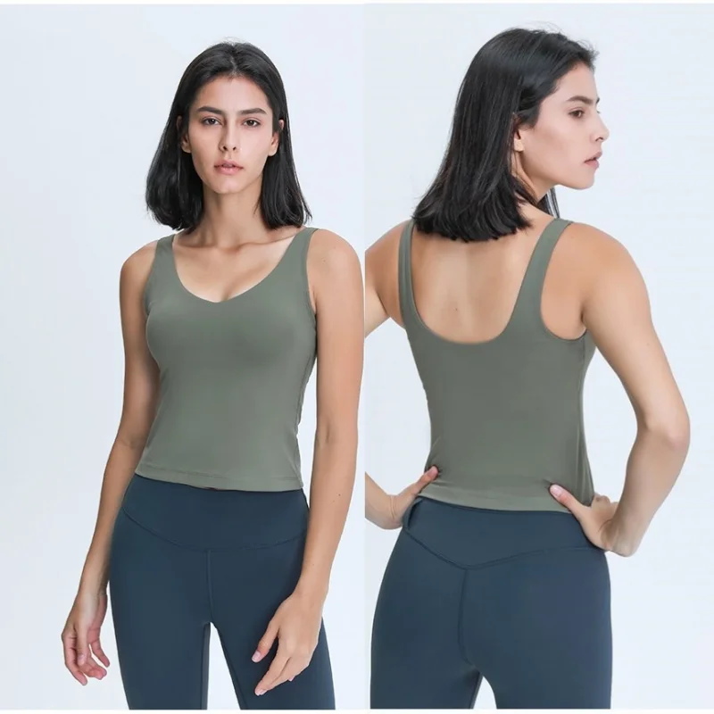 New 2024 Women Waist-Length Tank Top V-neck 4-way Stretch Sweat-wicking Yoga Shirt With Removable Cups U-Back Workout Vest