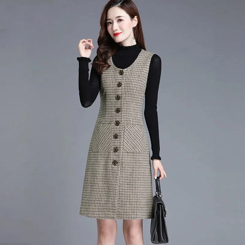 Women\'s Autumn Winter 2022 New Medium Long High Quality Vest Woolen Dress Elegant Female Office