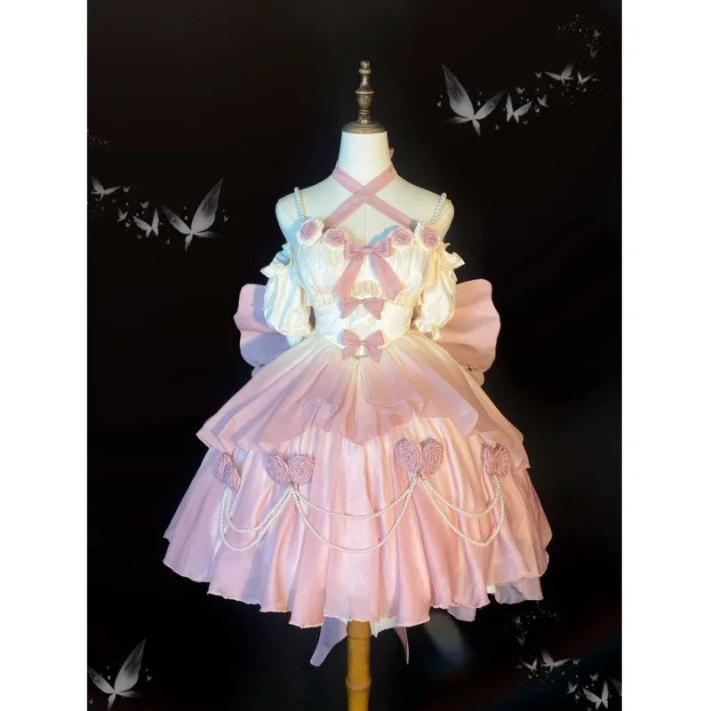 

Princess Dress Pink Light Flower Wedding Hollow Out Front Short Back Long Lolita Fine Sparkling Luo Dress Lolita Pengpeng Skirt