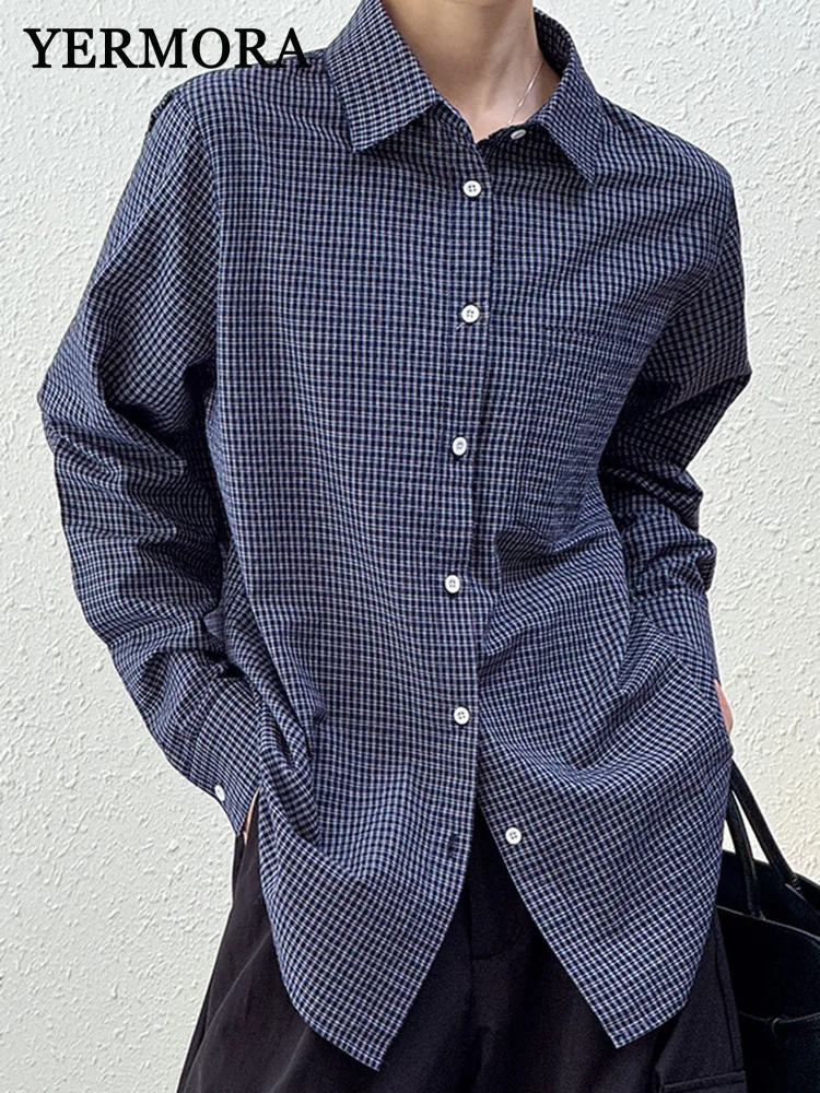 

YERMORA Plaid Pocket Brief Button Casual Blouse For Women Lapel Long Sleeve Loose New Shirt Fashion Tide Spring Autumn 2025