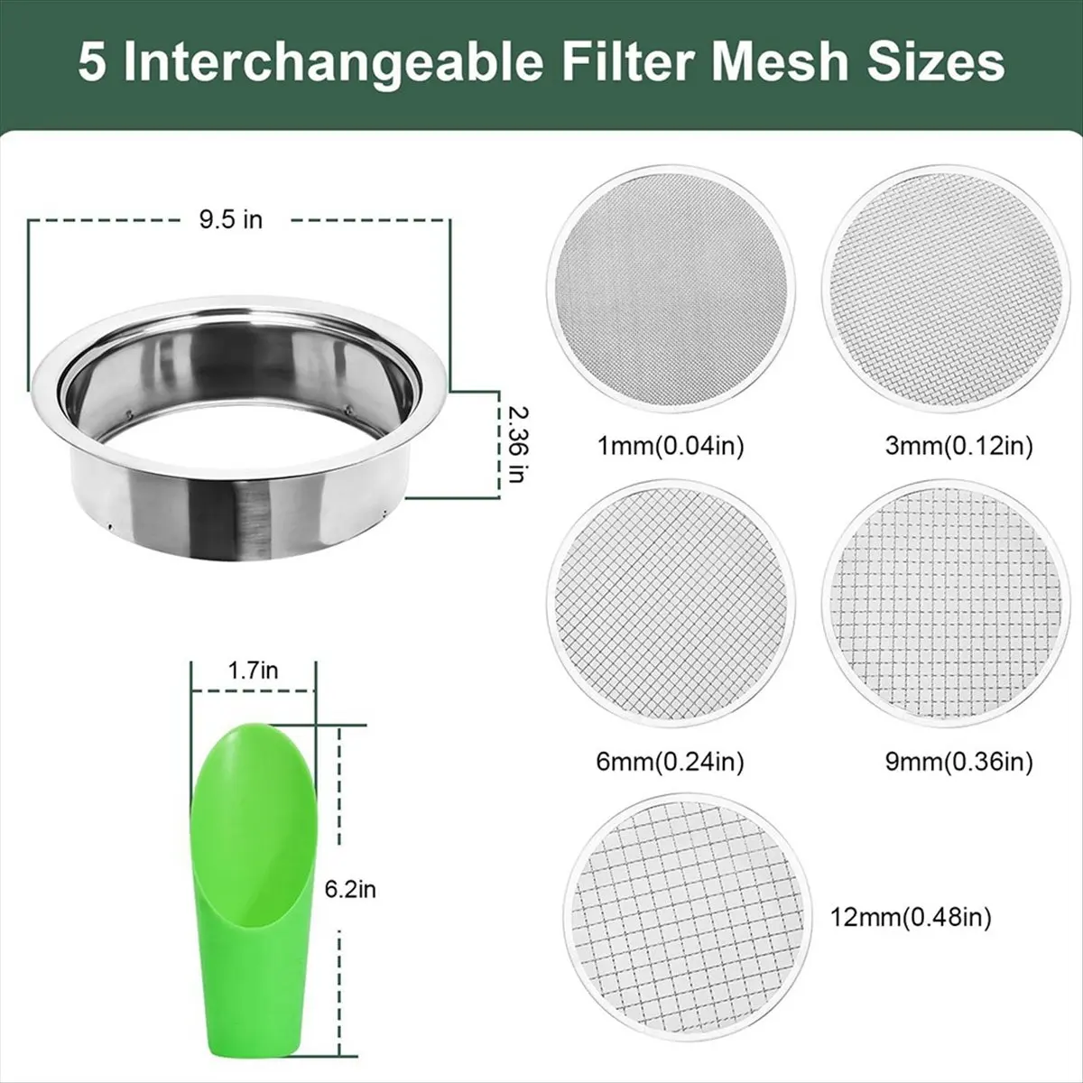 A08I New Soil Sieve Set Garden Stainless Steel Mesh Sifter,Compost Sifter with 1,3,6,9,12mm Sieve Mesh and Bonsai Soil Scoop