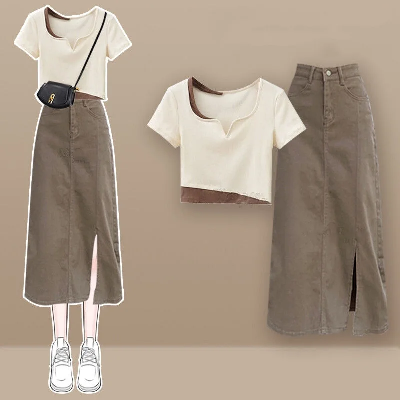 2024 Summer New Large Women's Fashion Versatile Fake Two Piece Top Solid Color Slim A-line Denim Skirt Set