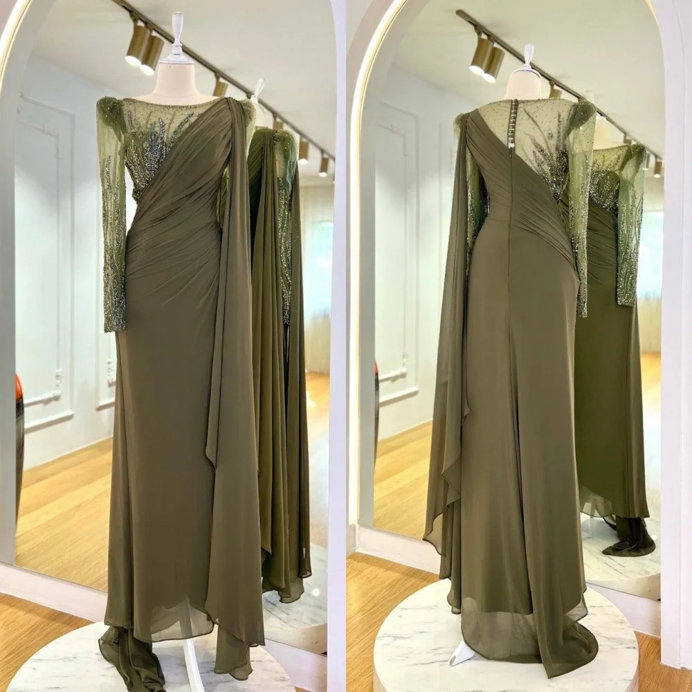 

Customized Classic Green Chiffon Evening Dress Elegant Graceful Scoop Long Sleeves Cocktail Dress Classic Zipper Back Prom Dress