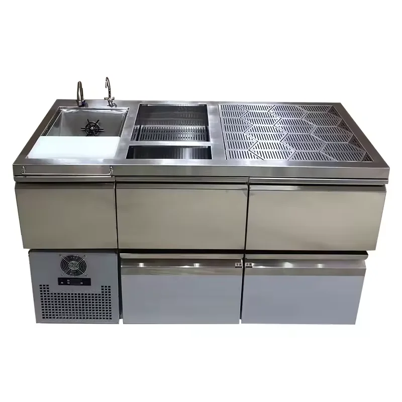 Commercial Electric Bartender Station Stainless Steel Cocktail Workstation With Undercounter Refrigerator Ice Bin And Sink