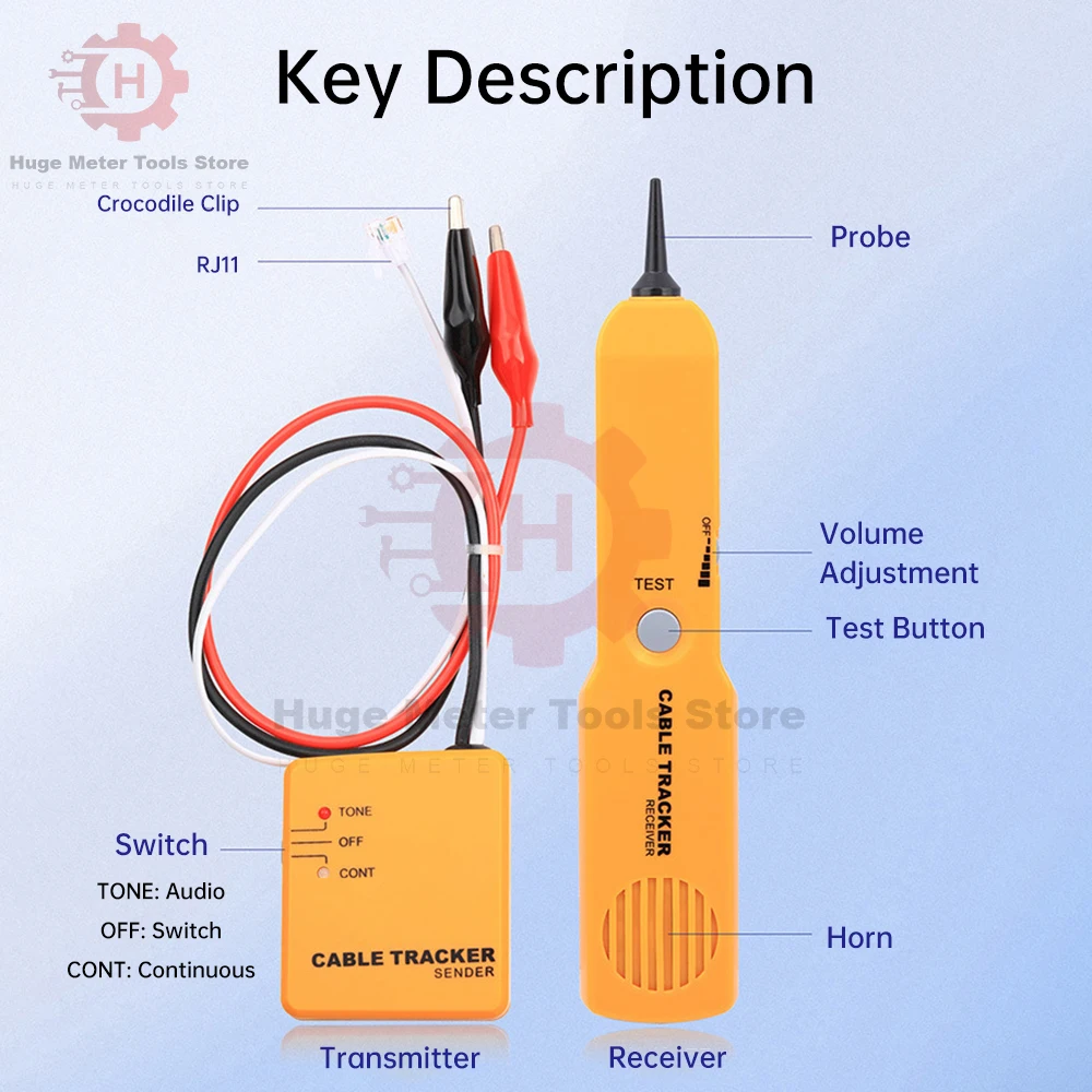 Cable Finder Tone Generator Probe Tracer Wire Tracker Cable Circuit Continuity Tester Features Alligator Clips RJ11 Plug Tool