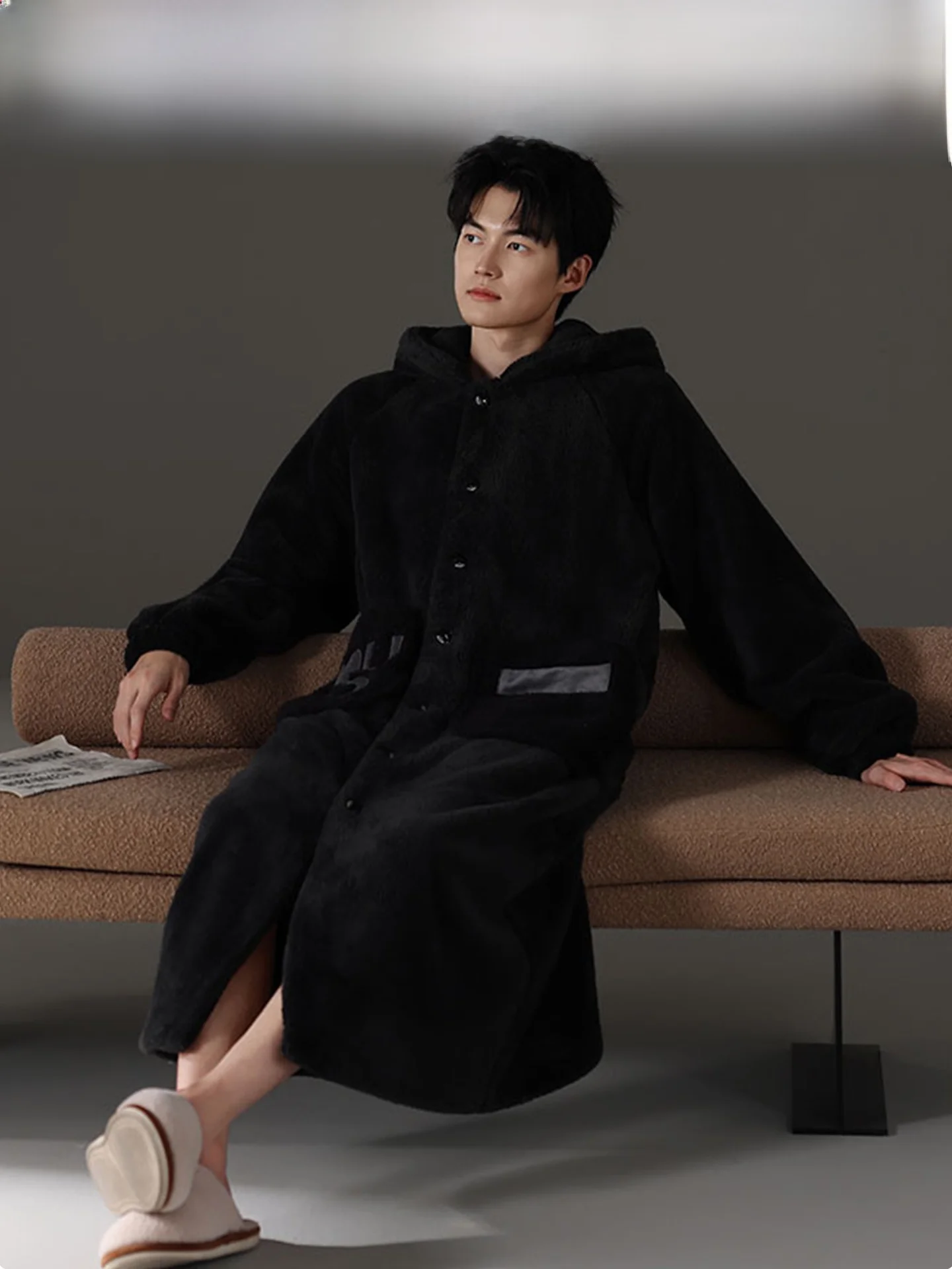 Men's Thickened Flannel Robe Winter Warm Hooded Long Coral Fleece Pajamas Simple Bathrobe Set Polyester Fiber Pure Color