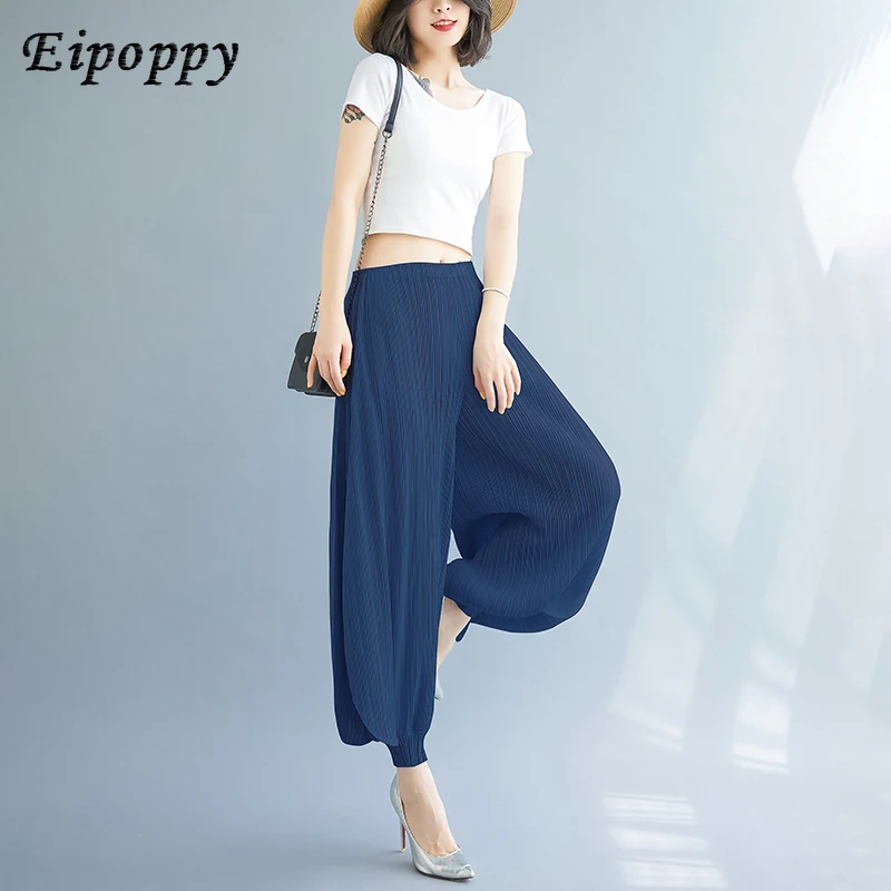 Bloomers de drapeados plissados femininos, emagrecimento solto na moda, calça casual fina com faixas no tornozelo