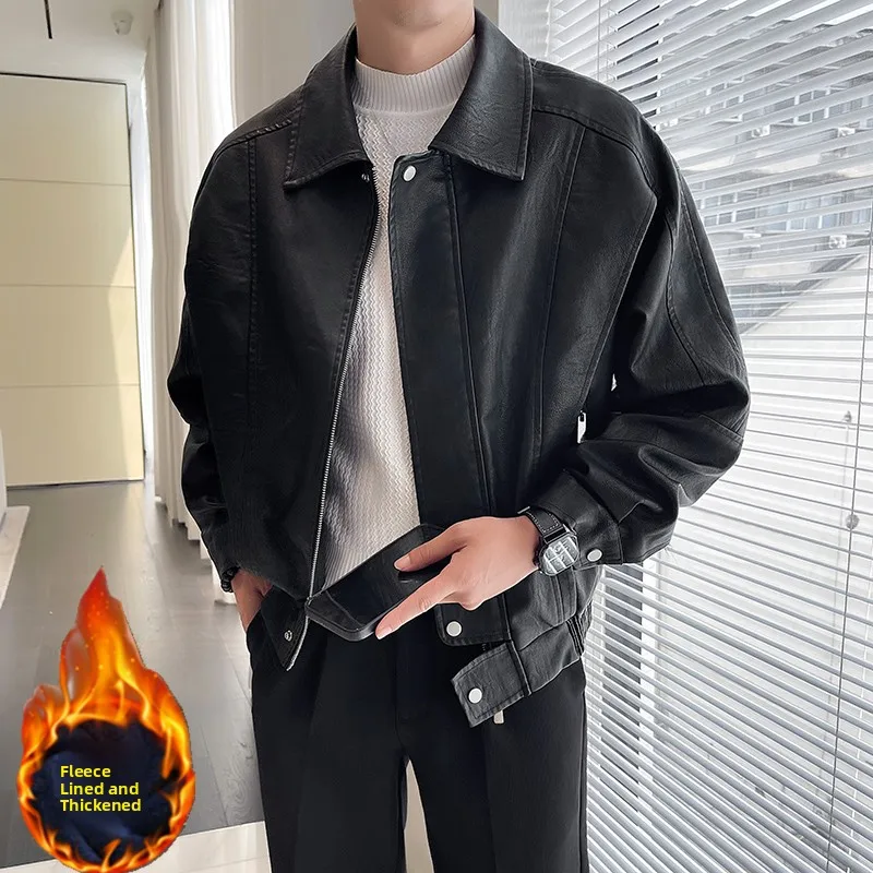

Мужская байкерская куртка из искусственной кожи с утепленной флисовой подкладкой, в рабочем стиле, модная, универсальная, с воротником-стойкой, из кожи и меха.