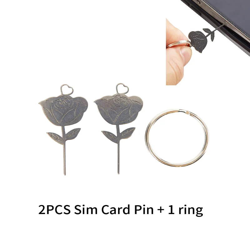 Agulha de aço inoxidável em forma de rosa para smartphone, sim card, remoção da bandeja, ejetar pino, ferramenta chave, dedal, universal, 2pcs set