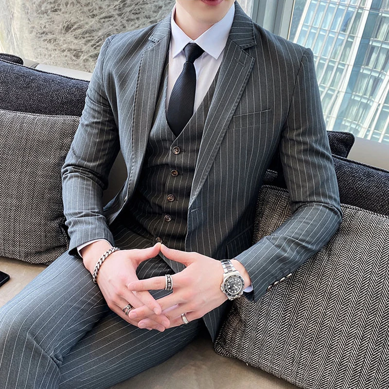 ( Jacket + Vest + Pants ) Prom Groom Tuxedos Latest Designs Male Wedding Suits 3Pcs Set Men\'s striped casual business suit