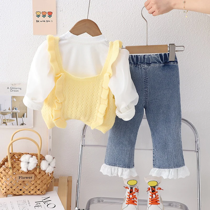 Baby Girls Clothing Sets Spring Children Knitted Vest Bubble Sleeve T-shirt Jeans Infant Floral Princess Clothes Kids Outfits