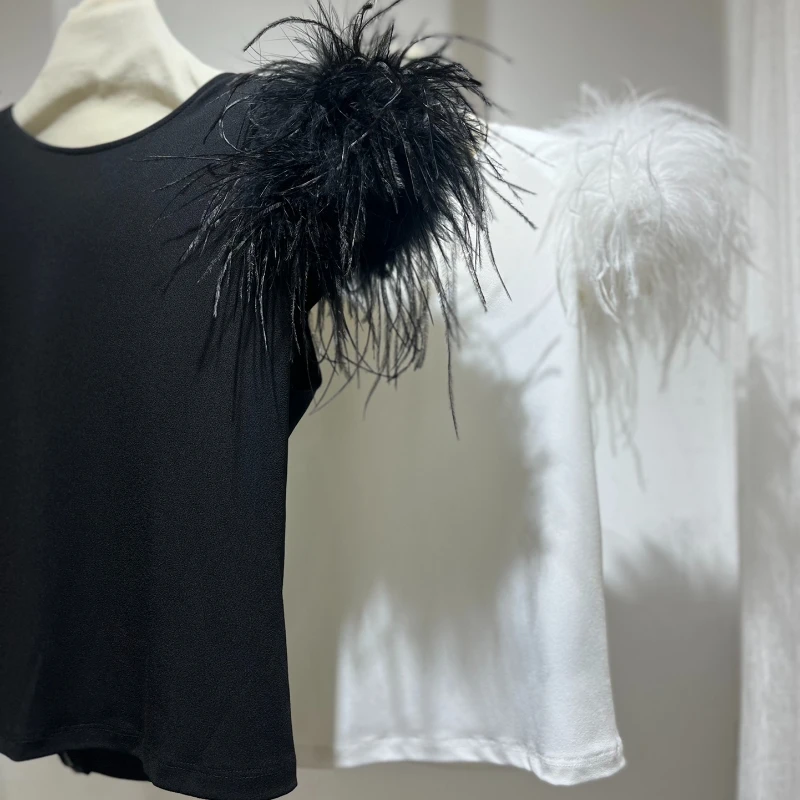 2024 New Women Fashion Clothing White Black Feather Decoration Short Sleeve O-Neck Casual High Quality Blosue Tops