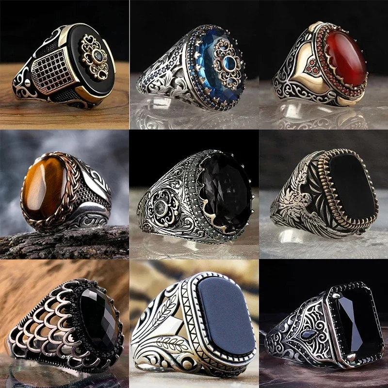 Retro Handmade Turkish Ring For Men Vintage Double Swords Black Zircon Rings Punk 2024 Trendy Islamic Religious Muslim Jewelry