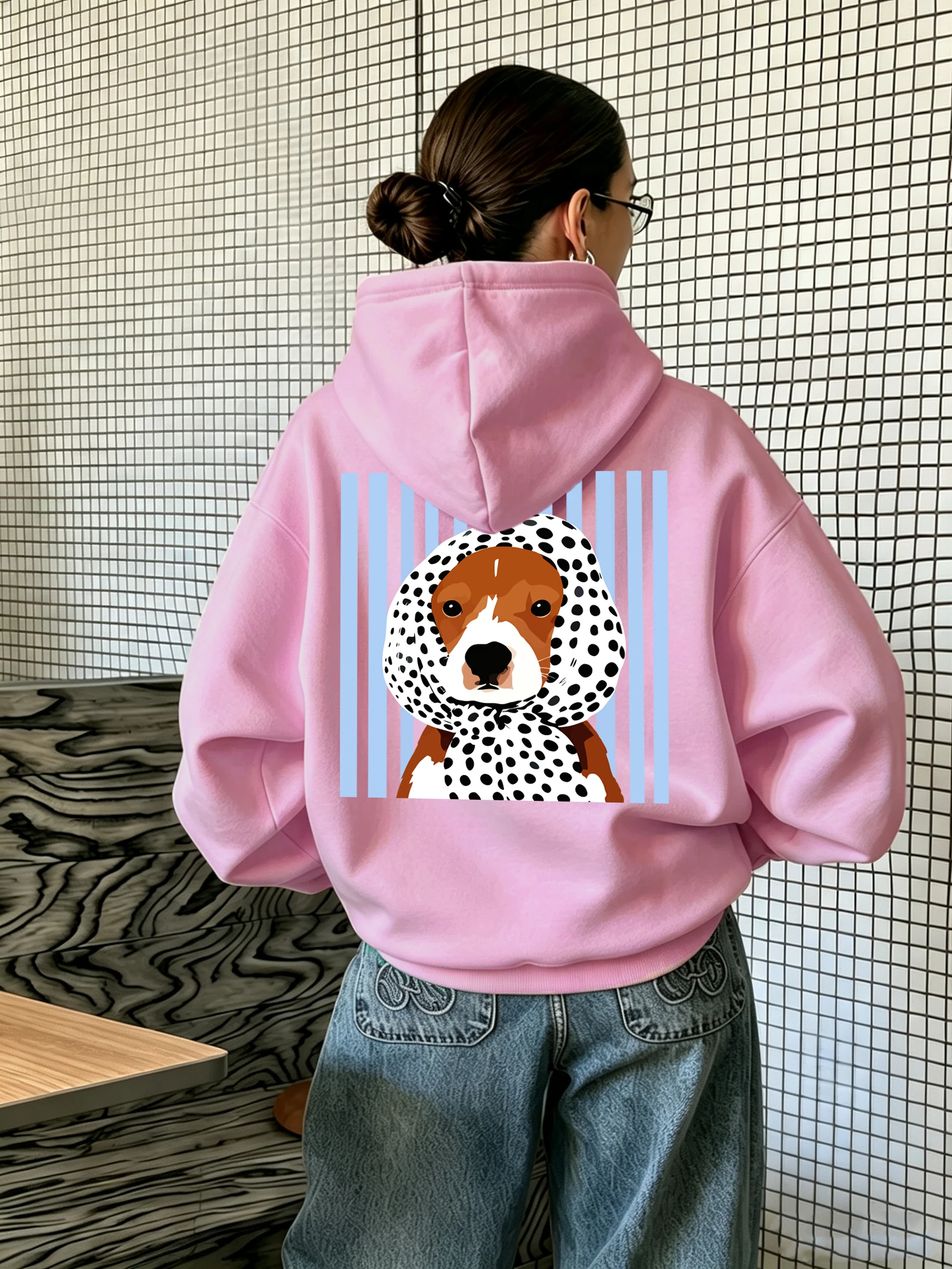 Blue Striped Headscarf Dog Printed Women'S Sports Hoodie Casual Autumn Warm Sweatshirts Y2K Soft Clothes Street Comfortable Tops